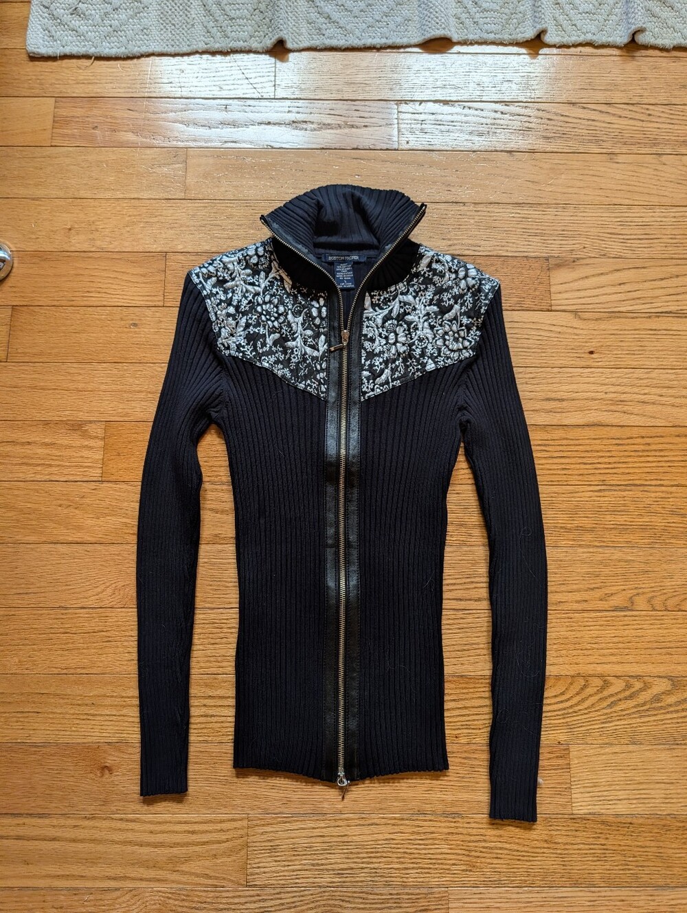 Vintage Y2K 2000s Boston Proper Full Zip Sweater Jacket Leather Accents Black